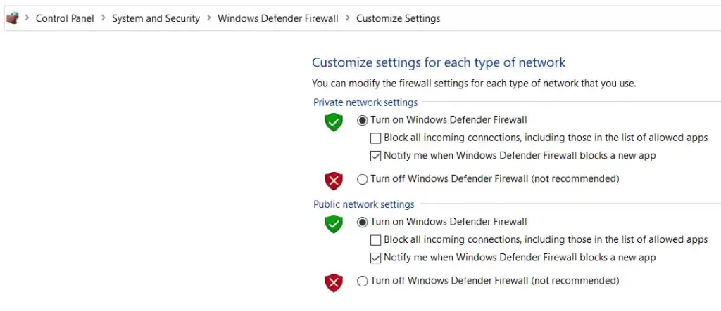 Windows firewall settings